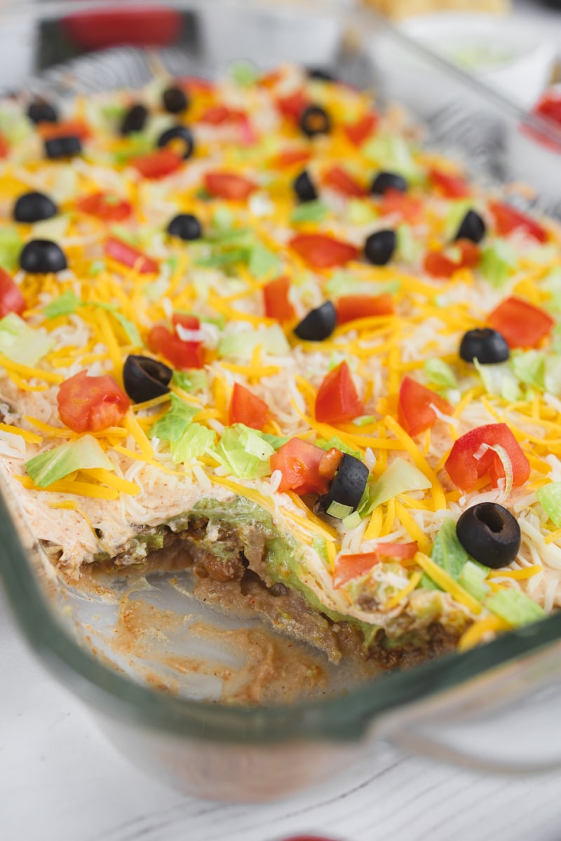 Taco Dip with Meat in baking dish