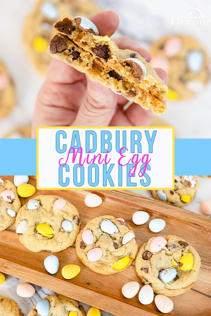 Cadbury Egg Cookies are a fun spin on a traditional Chocolate Chip Cookie Recipe made with chopped Cadbury Mini Eggs. This small batch recipe is a fun Easter Cookie Recipe that is soft and chewy. #devourdinner #cookies #bestcookierecipes #easycookies #eastercookies #cadburyminieggs #cadburycookies #cadburyeggcookies #easydesserts #recipeoftheday #yum #yummy