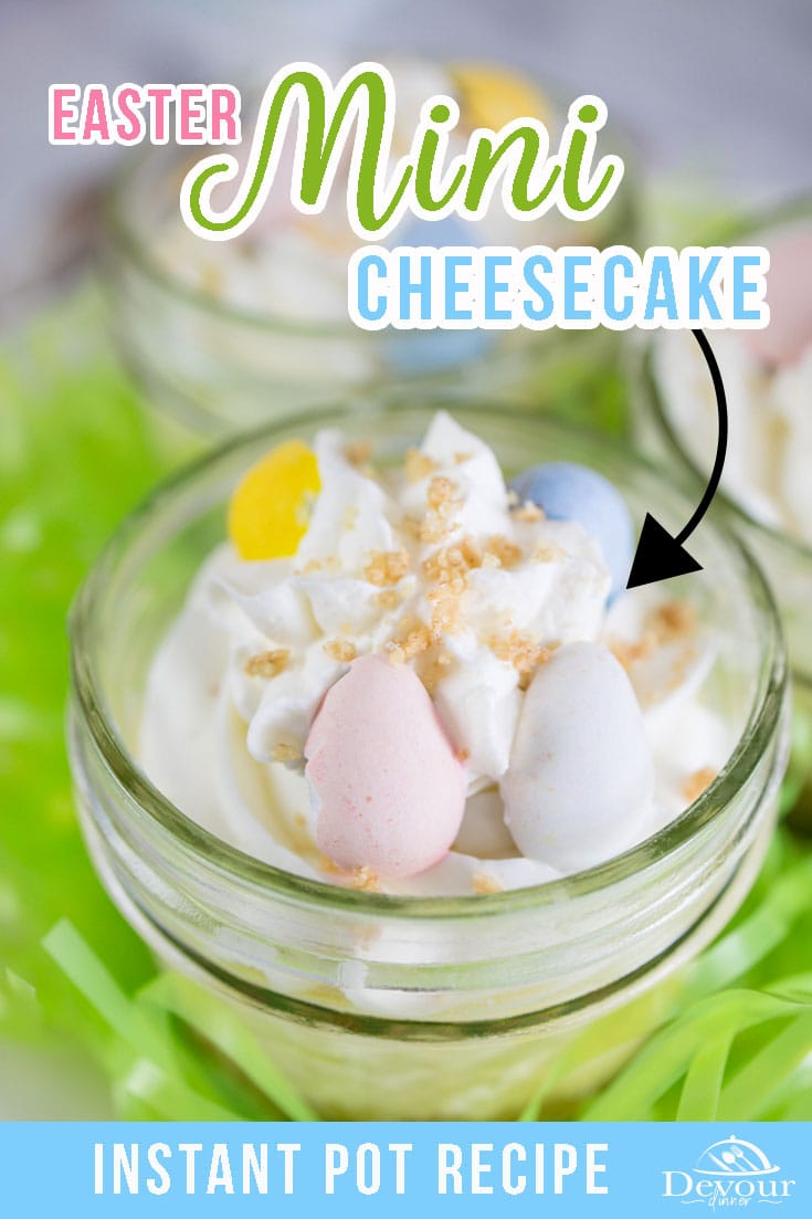 Making mini cheesecakes for Easter is a delicious individual dessert recipe. Made with cream cheese, sugar, egg, sour cream & vanilla extract. This easy to make recipe is made in the Instant Pot or Electric Pressure Cooker. #devourdinner #devourpower #minicheesecake #minicheesecakerecipe #easterminicheesecakes #minicheesecakesforeaster