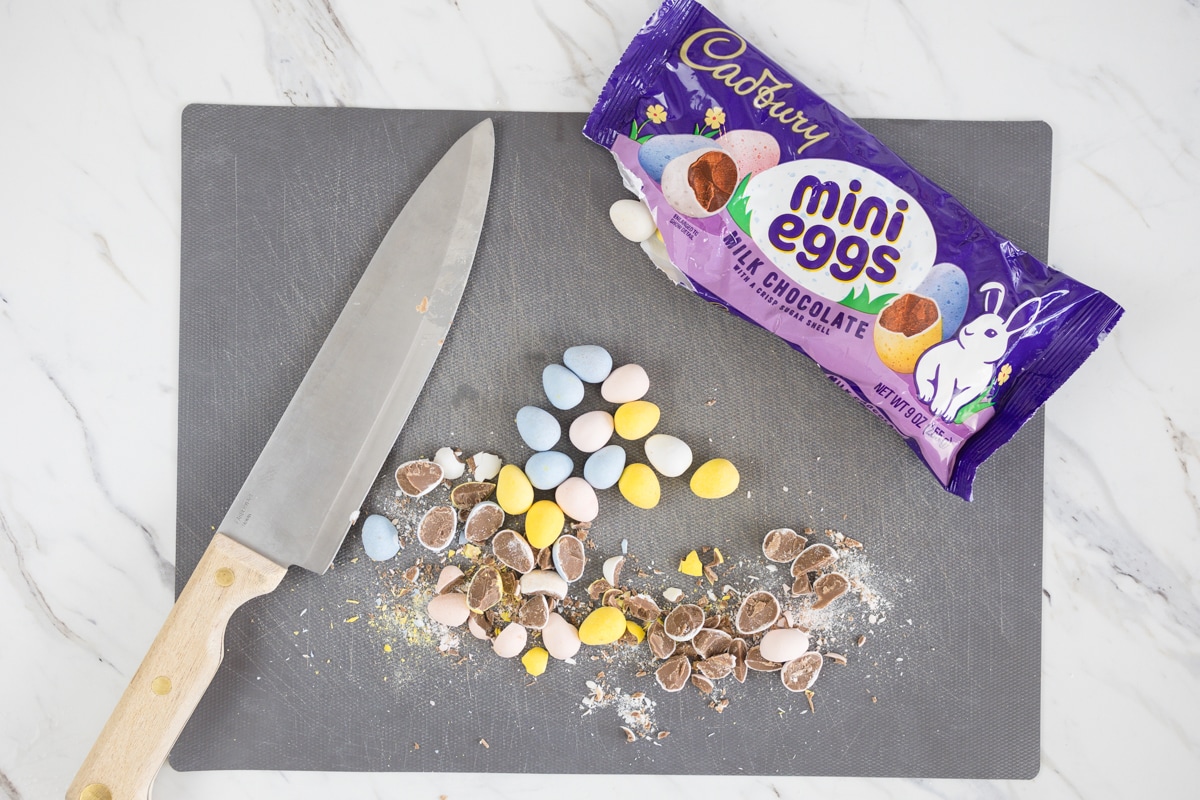 Hand Chop Cadbury Mini Eggs with knife