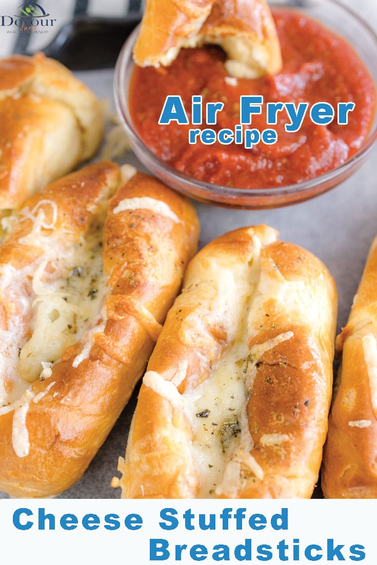 Soft breadstick loaded with grated cheeses to make a Cheese Stuffed Breadstick you will go back for. Made with Mozzarella and Parmesan Cheese and easily made in the Air Fryer or baked in the oven. #devourdinner #airfryer #cheesybreadsticks #airfryercheesesticks #appetizerrecipe #airfryerappetizer #yum #yummy #cheesefilledbreadsticks