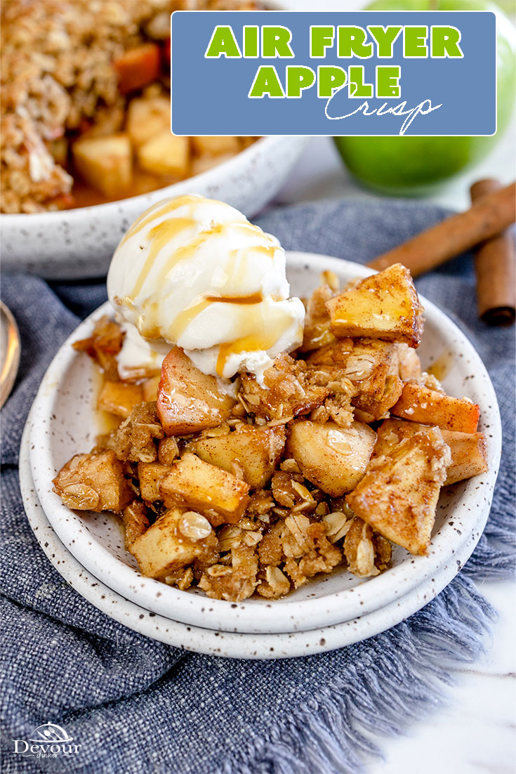 Sweet delicious Air Fryer Apple Crisp is a perfect Fall dessert made with apples and a crumb topping made with brown sugar, oats, and cinnamon.#devourdinner #devourpower #easyrecipes #foodblogfeed  #foodstagram  #foodphotography  #buzzfeedfood  #feedfeed  #foodcoma  #foodgawker  #foodblog  #forkyeah  #eeeeats  #firstweeat  #eatcaptureshare  #eatprettythings  #makeitdelicious #iammartha #airfryerapplecrisp #applecrisp #apple #fallrecipes #fallflavors