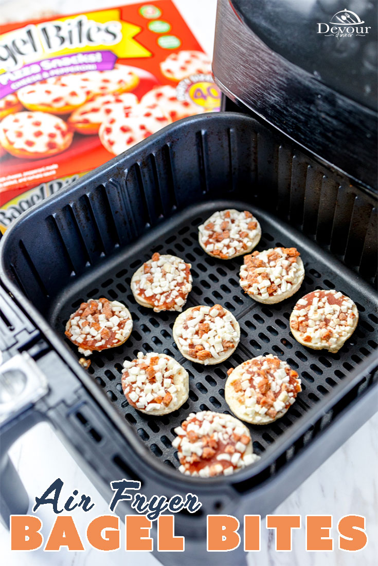Place Air Fryer bagel bites in basket of air fryer and bake at 360 degrees. Air Fry until lightly toasted and cheese is melted. Use frozen Bagel Bites or make Homemade Bagel Bites. A favorite snack recipe. #devourdinner #devourpower #easyrecipes #foodblogfeed  #foodstagram  #foodphotography  #buzzfeedfood  #feedfeed  #foodcoma  #foodgawker  #foodblog  #forkyeah  #eeeeats  #firstweeat  #eatcaptureshare  #eatprettythings  #makeitdelicious #iammartha #airfryerbagelbites #bagelbitesairfry