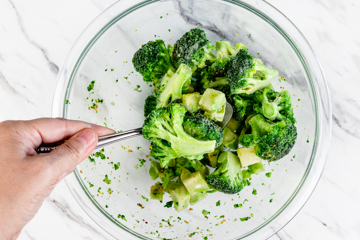 Frozen Broccoli with seasonings in bowl