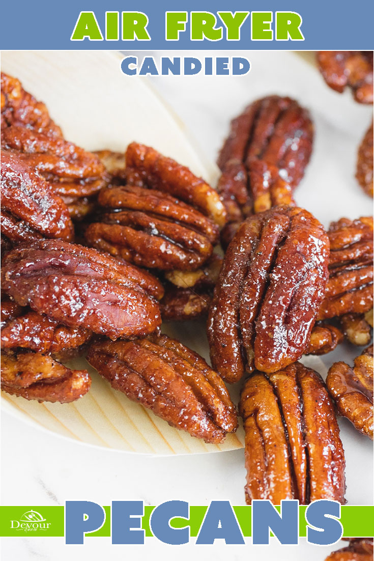 Air Fryer Candied Pecans made with Brown Sugar, Honey, Cinnamon, Nutmeg, Ginger, Vanilla Extract, Salt and water. Delicious snack mix recipe. Quick and easy recipe for your favorite candied pecans. Easy to make at home and enjoy as a snack or a homemade gift.#devourdinner#devourpower #easyrecipes #foodblogfeed #foodstagram #foodphotography  #buzzfeedfood  #feedfeed  #foodcoma  #foodgawker  #foodblog  #forkyeah  #eeeeats  #firstweeat  #airfryercandiedpecans #airfryerrecipe #candiedpecans
