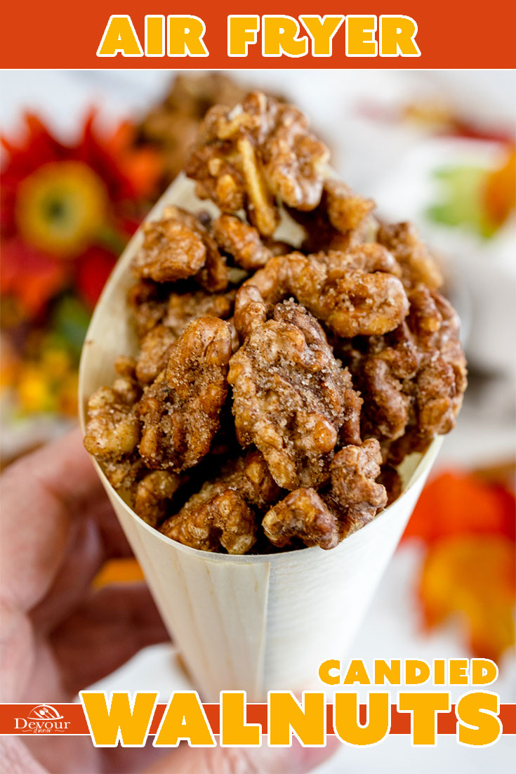 Tasty Air Fryer Candied Walnuts coated in a buttery cinnamon and sugar mixture with added ginger and nutmeg. Easy snack or great gift idea. Air Fryer Candied Nuts are a quick snack perfect to serve over Ice Cream, on salads or enjoy by the handfuls. #devourdinner #devourpower #easyrecipes #foodblogfeed  #foodstagram  #foodphotography  #buzzfeedfood  #feedfeed  #foodcoma  #foodgawker  #foodblog  #forkyeah  #eeeeats  #firstweeat  #eatcaptureshare  #airfryercandiedwalnuts #candiedwalnuts