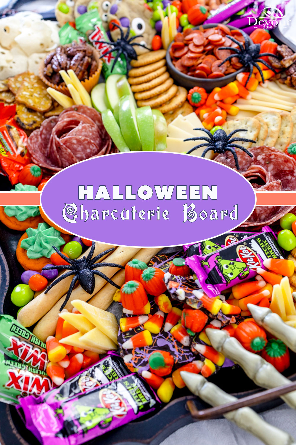 Halloween Charcuterie Board a snack board filled with sweet and savory treats. Make for a larger crowd or a small snack tray to enjoy at home. Loaded with favorite Halloween Treats
