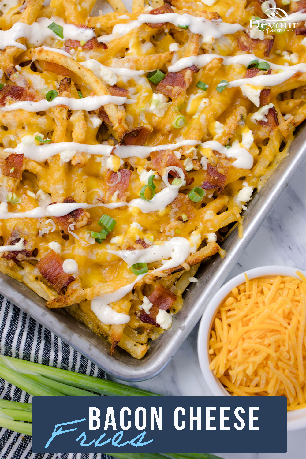 Load up these Bacon Cheese Fries for a delicious snack for Game Day or a side dish for just about any meal. Made with crispy French Fries, bacon crumbles, three different cheeses, and Ranch dressing, this dish is so addictive!