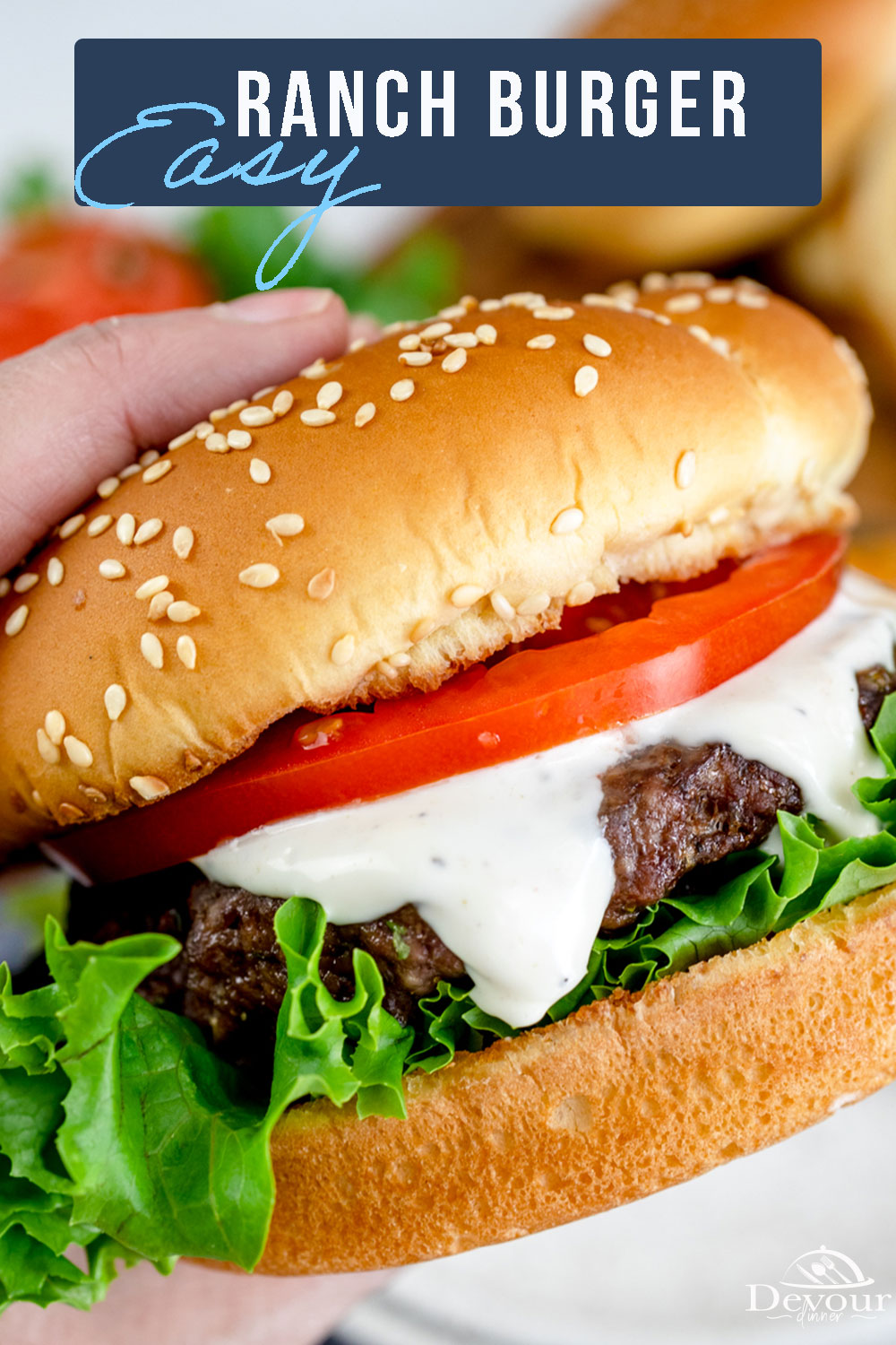 This easy Ranch Burger recipe makes a juicy, perfectly seasoned beef burger, topped with thick Ranch Dressing, Tomato, and Lettuce all in a delicious toasted bun. It's perfect for your next cookout, or for any time of the year - complete with Pan-Fried and Air Fryer instructions!