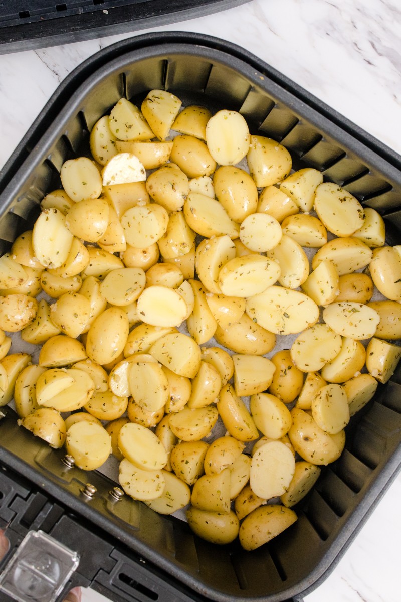 Top view of an air fryer basket with uncooked seasoned small yellow potatoes in it. 