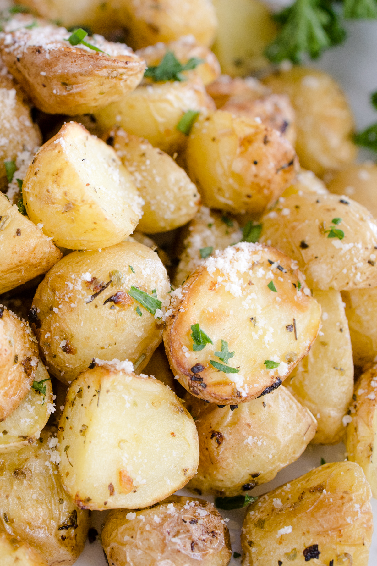 Close up of seasoned air fryer roasted potatoes.