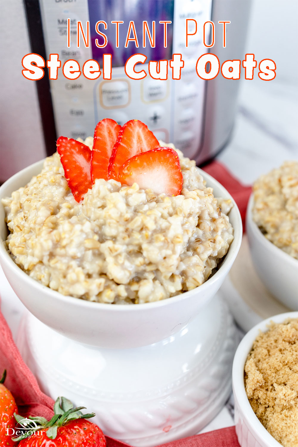 Instant Pot Steel Cut Oats is a hearty and delicious breakfast option, and it's great for meal prep too! Ready in less than 30 minutes, it's a great healthy breakfast idea, served with fresh fruit on top!