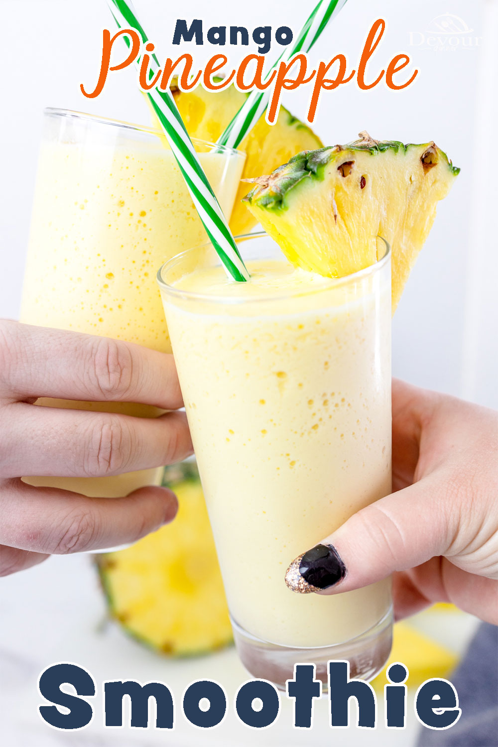 Creamy Mango Pineapple Smoothie a McDonalds Copycat Recipe. Get refreshed with a healthy Mango Pineapple Smoothie made with almond milk, pineapple juice, frozen mango, frozen pineapple, and Greek yogurt. Quick and easy!