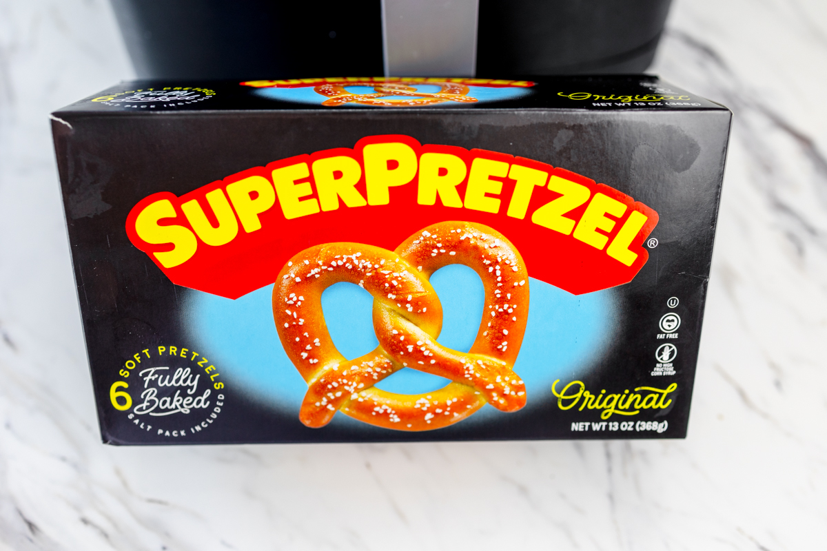 A box of Super Pretzel brand frozen pretzels.