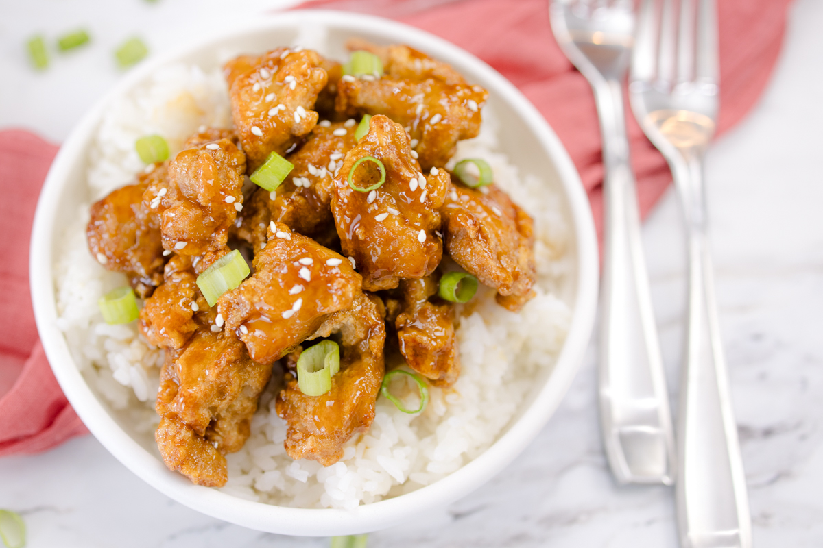 Top view of Orange Chicken on a plate.