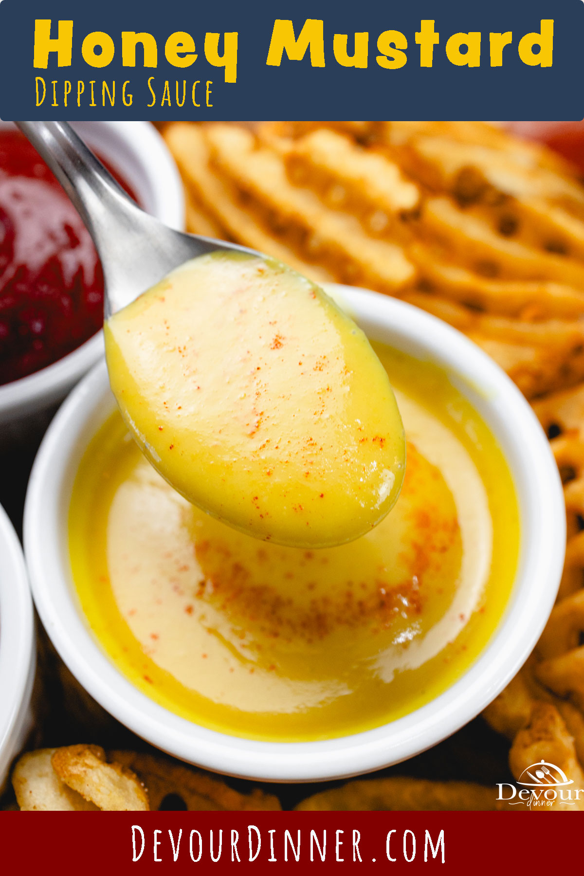 Honey Mustard Dipping Sauce blends sweet raw honey, zesty mustard, and creamy mayo into the best sauce to ever grace your fries! The sweet and tangy flavors make this the perfect dipping sauce for crispy chicken nuggets, sweet potato fries, onion rings, and more!