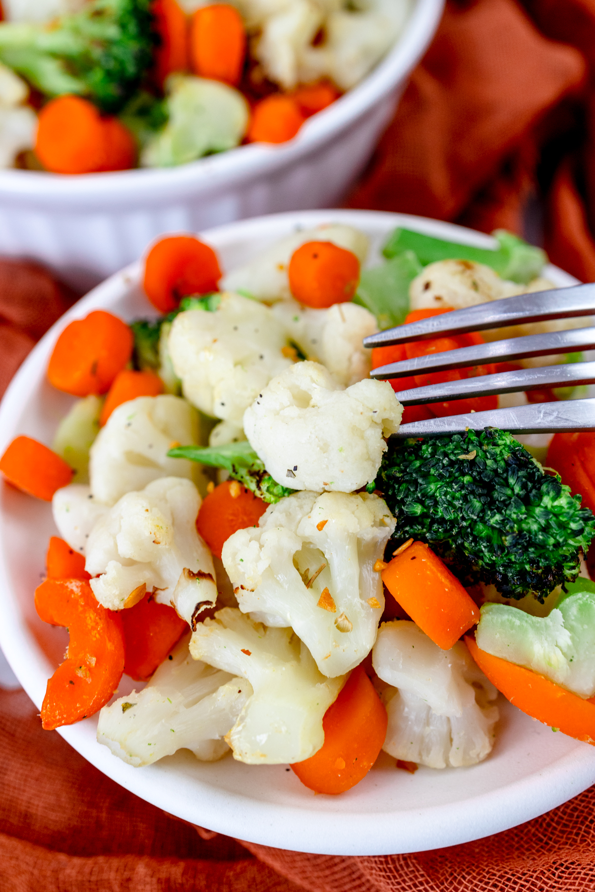 Close up view of a plate full of mixed vegetables.