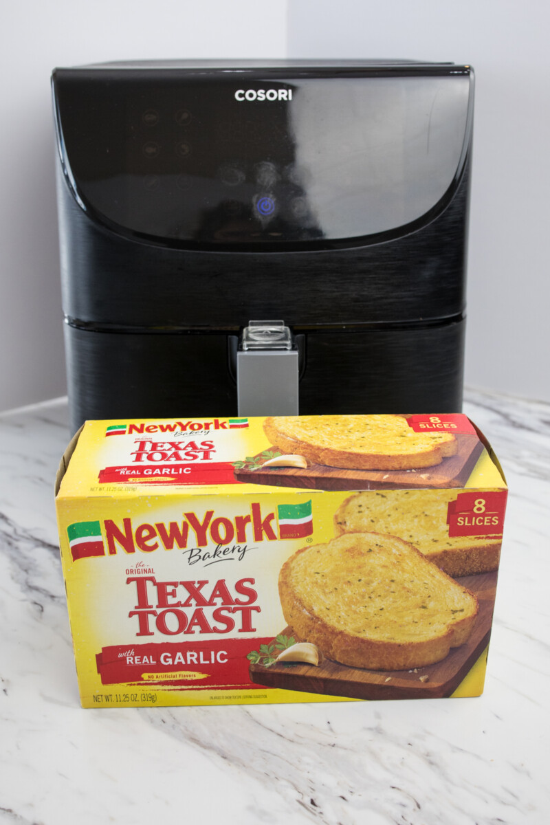 Close up view of a box of New York Texas Toast in front of an Air Fryer.