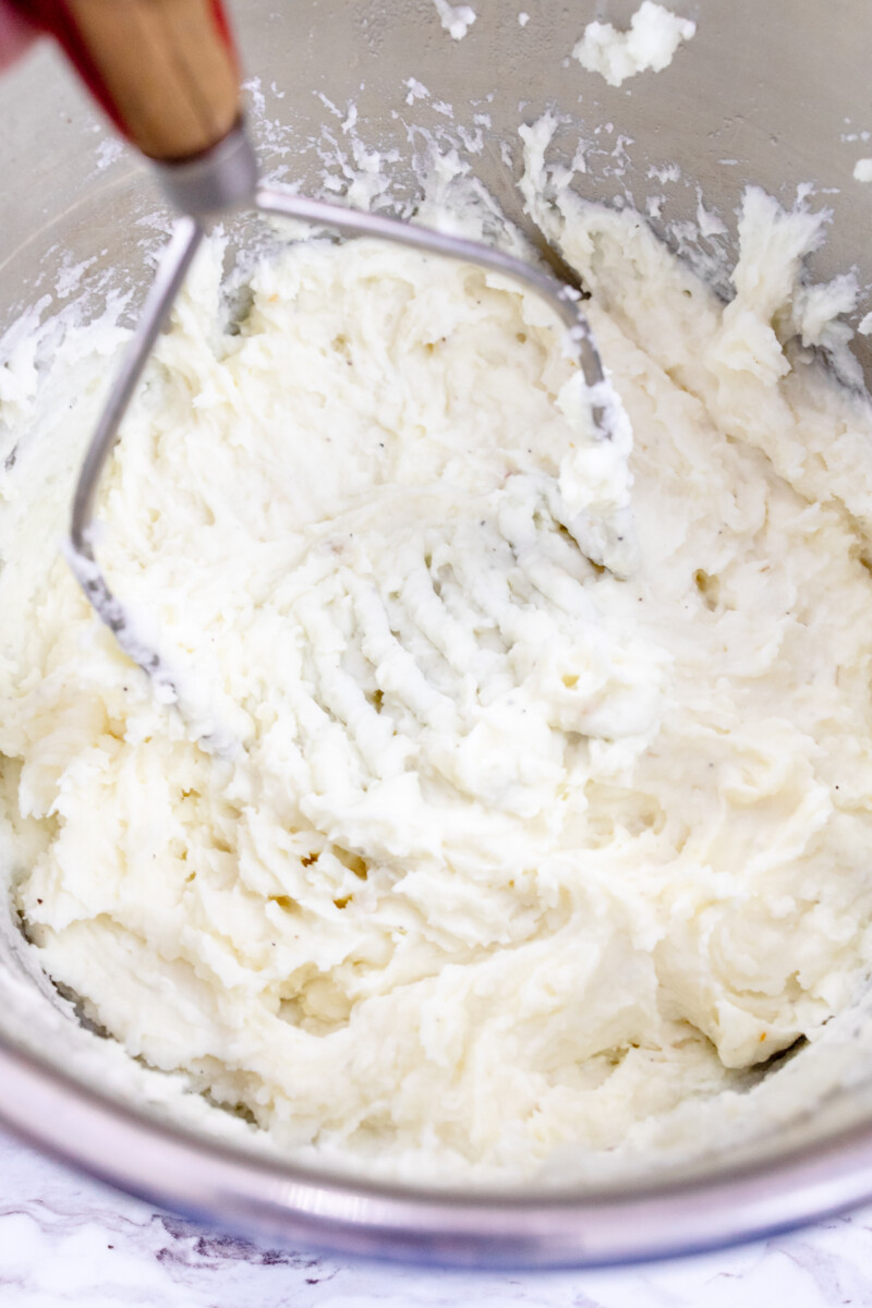 Close up image of finished mashed potatoes in the Instant Pot.