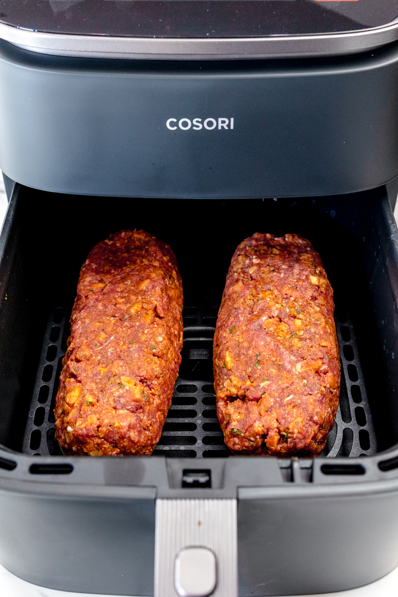 Close up view of homemade meatloaf in the air fryer.