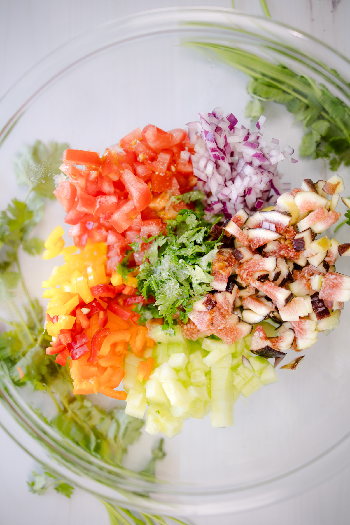 All ingredients for Fig Salsa combined in a mixing bowl.