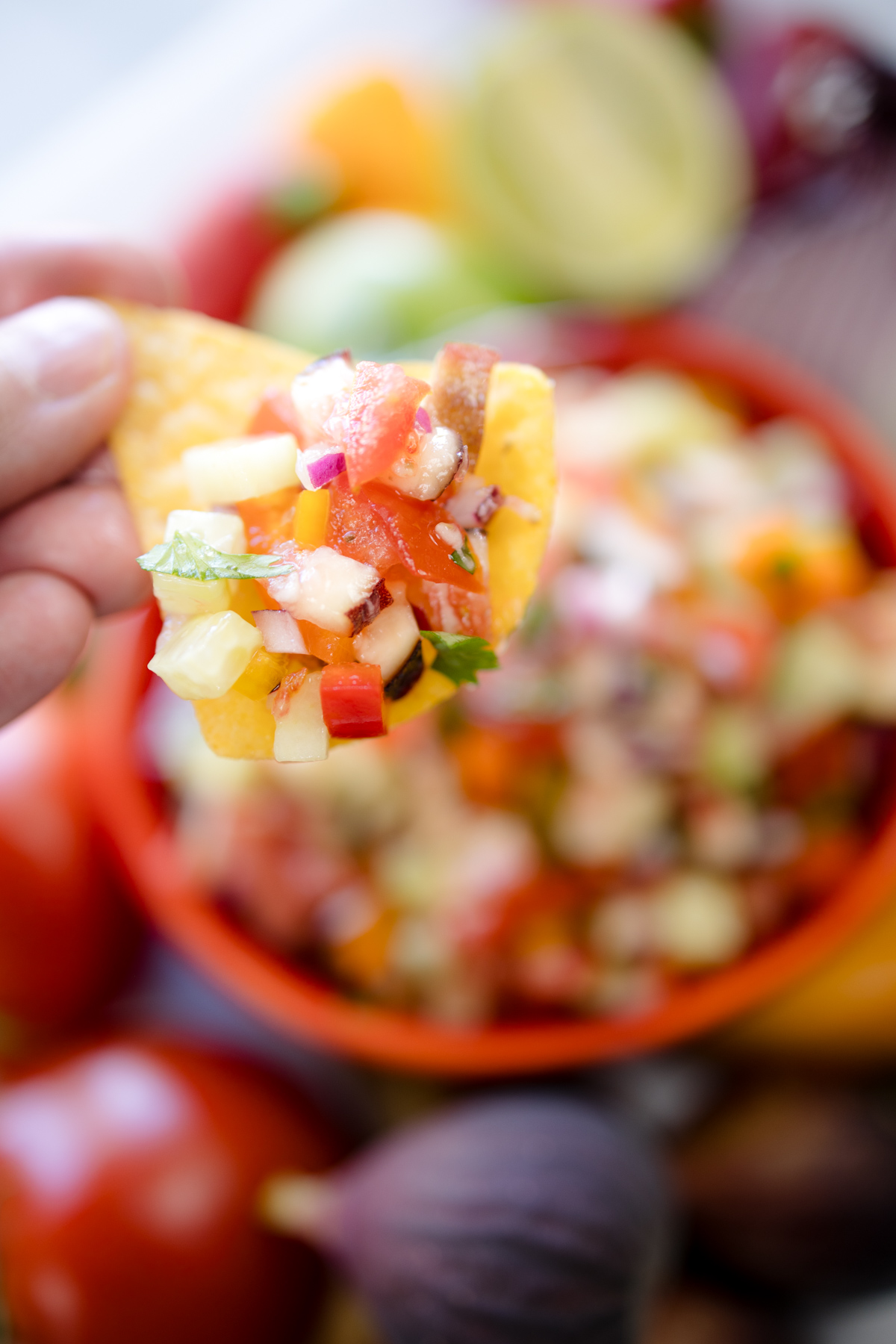 A hand using a tortilla chip to scoop up some Fig Salsa.
