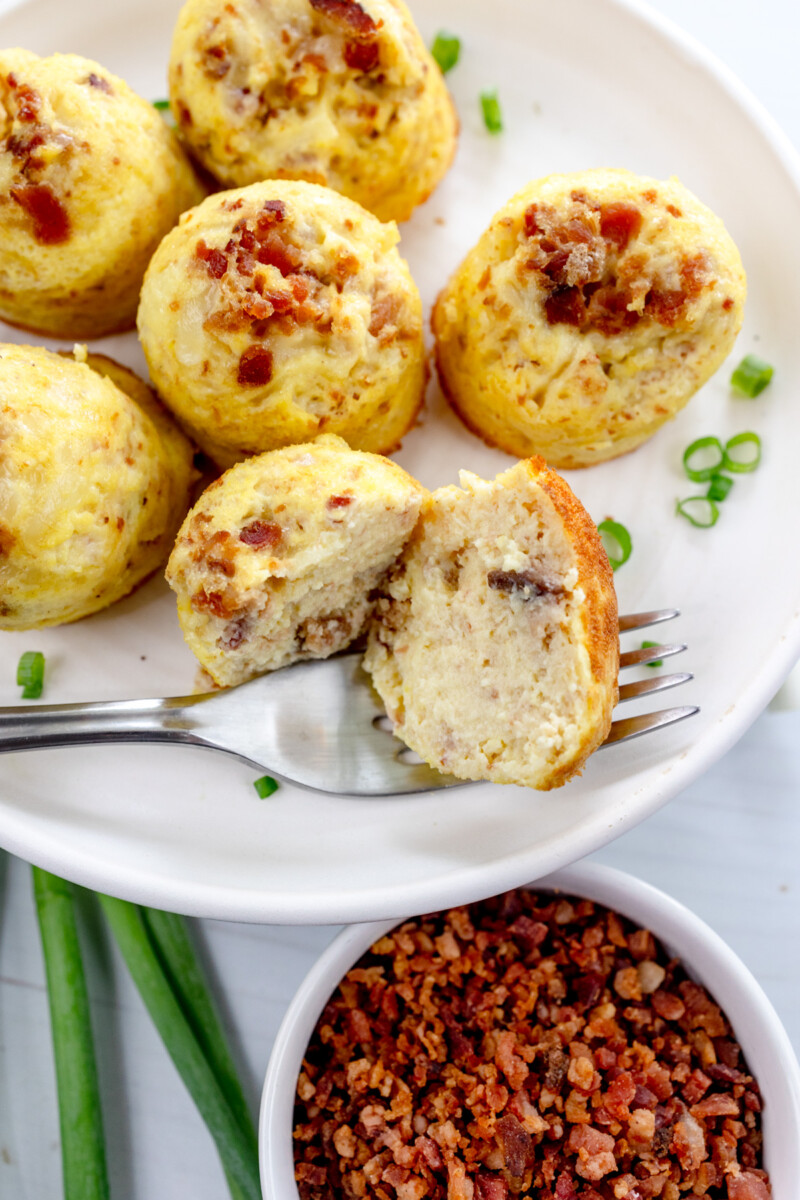 Close up shot of Air Fryer Egg Bites on a white plate.