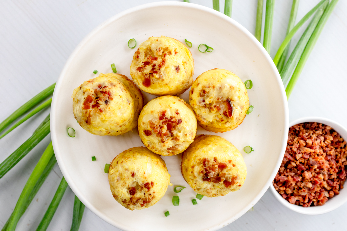 Overhead shot of Air Fryer Egg Bites on a white plate.
