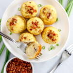 Overhead shot of Air Fryer Egg Bites on a white plate.