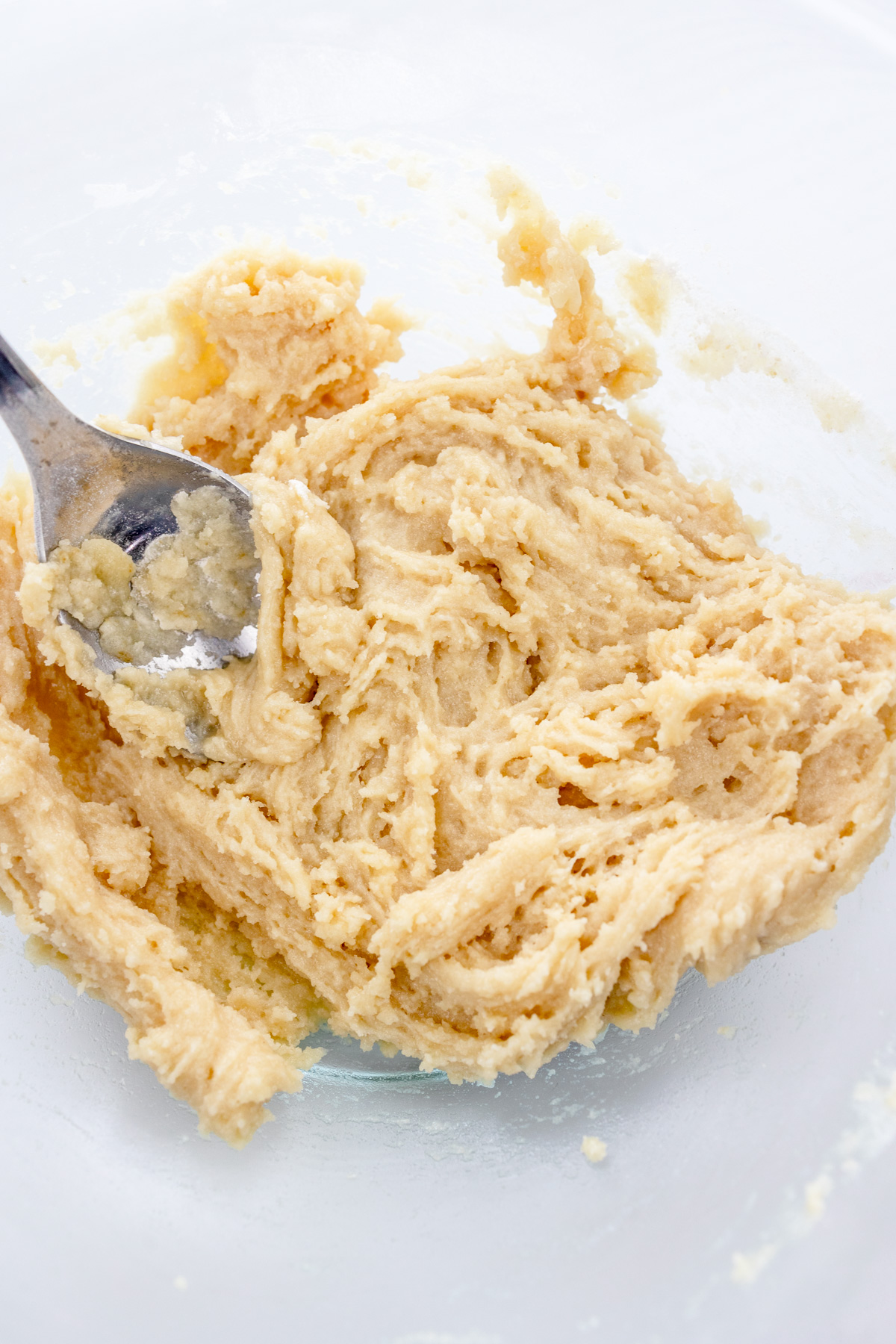 Overhead image of dough mixture for Air Fryer Peach Cobbler.