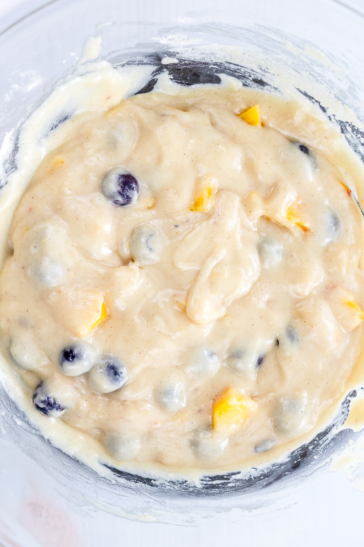 Overhead image of Blueberry Peach Muffin batter.