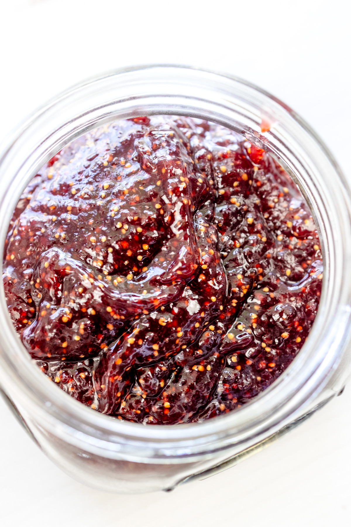 Close up view of a jar of Fig jam.