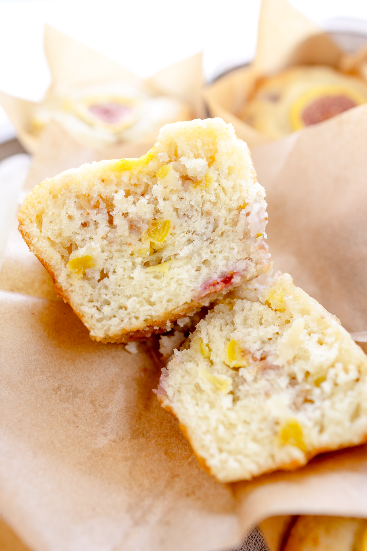 Overhead image of a fig muffin that has been sliced in half.