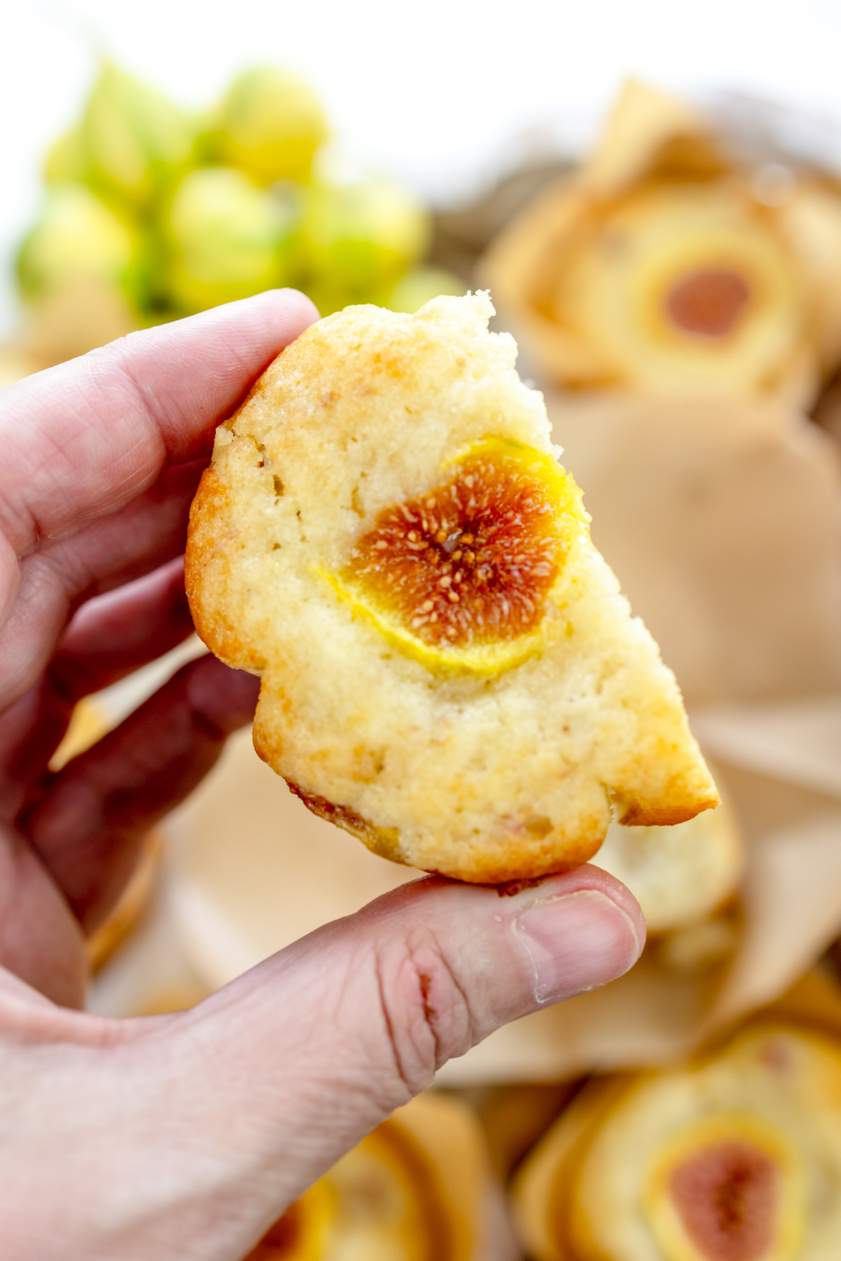 Close up of a hand holding a fig muffin that has been sliced in half.
