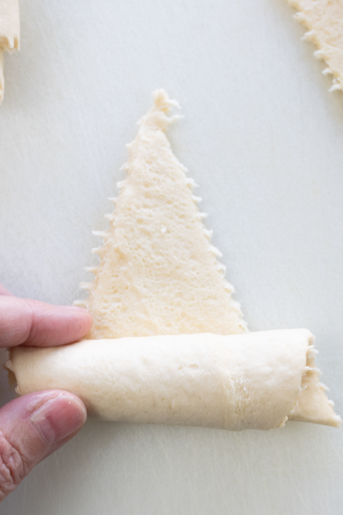 Overhead view of crescent roll pastry being rolled.
