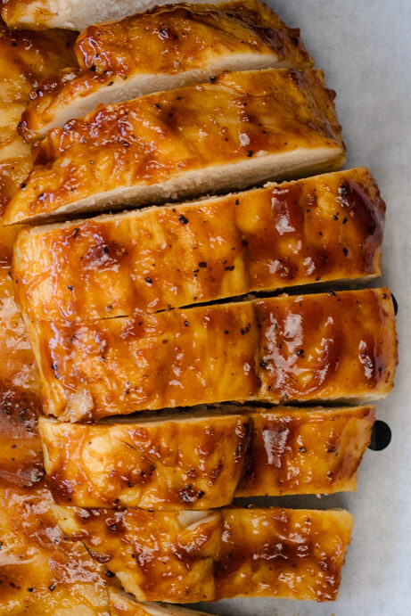 Overhead view of cooked BBQ Chicken in an air fryer basket.