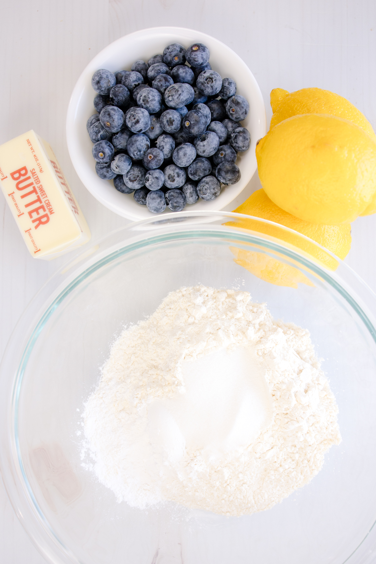 Overhead view of ingredients needed for Blueberry Biscuits.
