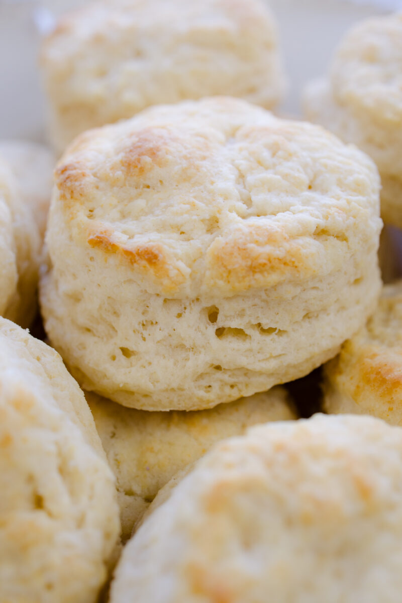 Close view of Buttermilk Biscuits on a white serving platter.