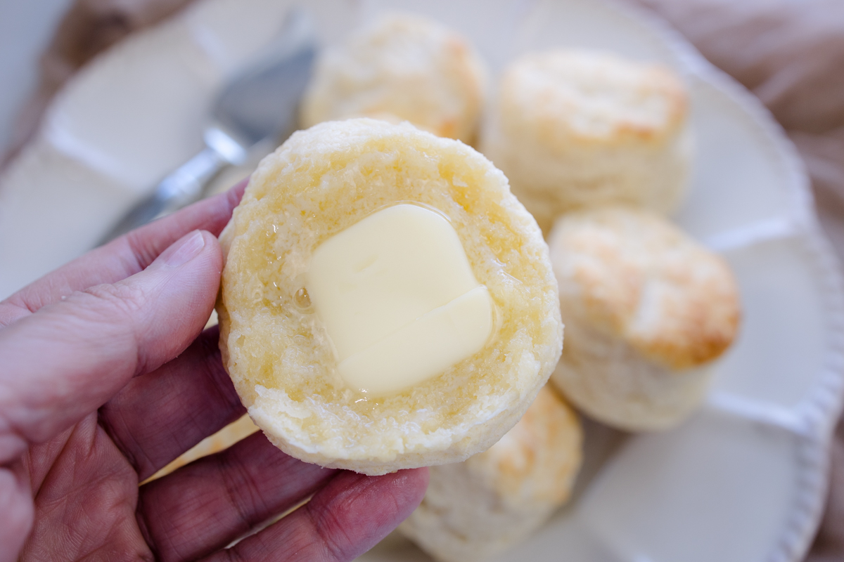 Close view of a hand holding a sliced half of a buttermilk biscuit with butter on it.