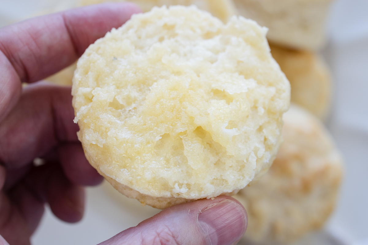 Close view of a hand holding a sliced half of a buttermilk biscuit.