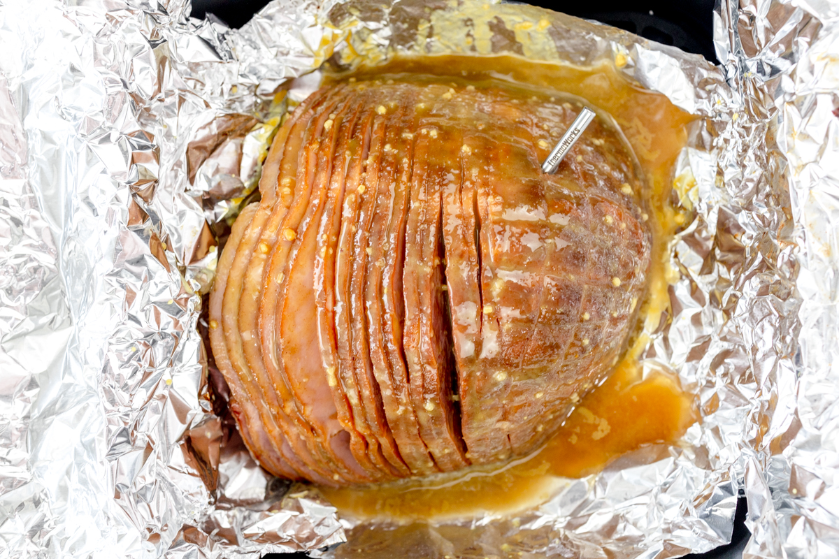 Overhead view of Air Fryer Ham on a sheet of tinfoil.