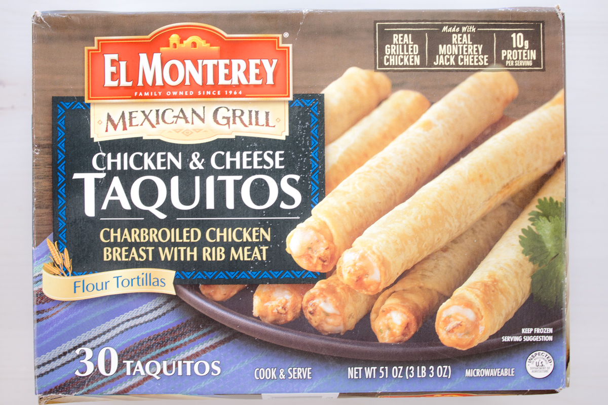 Front-facing shot of El Monterey Chicken & Cheese Taquitos box on a white background.
